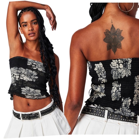 Free People Tops - NWT Free People Poppy Tube Top Black Combo Strapless Smocked Floral Printed Sz S